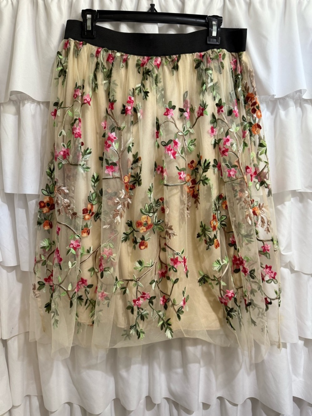 Embroidered Floral Tulle Midi Skirt in Beige with Pink & Green Accents